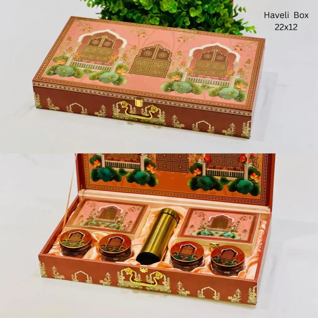 4 Glass jar + 2 cavity box+ 1 water bottle Haveli Hamper