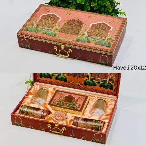 2 Glass jar + 2 Tin jar + Candle + cavity box Haveli Hamper