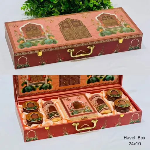 4 Glass jar + 2 Tin jar + cavity box Haveli Hamper